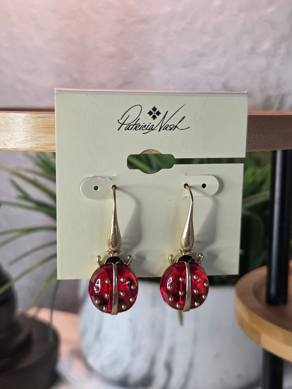 Patricia Nash Ladybug Wire Drop Earrings Gold Red Resin NWT